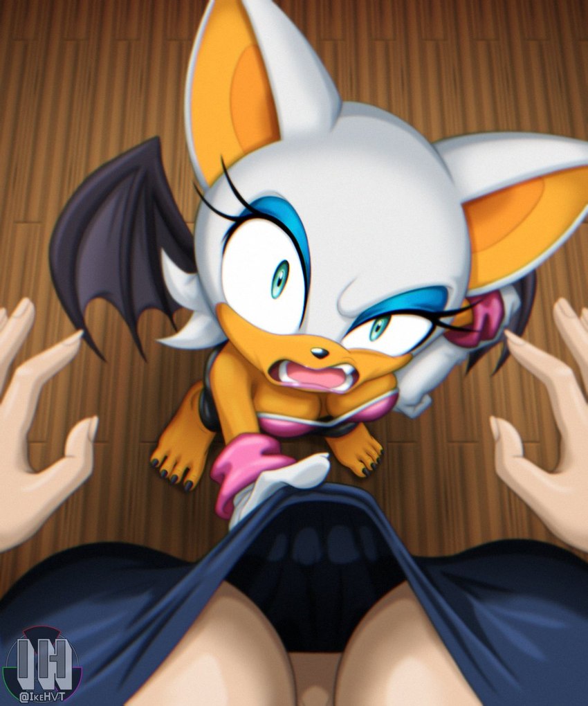 angry anthro bodysuit breasts clothing clothing_pull colored_nails down_blouse duo evening_gloves eyeshadow feet female fur green_eyes hand_on_hip lipstick looking_at_viewer makeup nails orange_body orange_skin shirt skinsuit tight_clothing topwear white_body white_fur wings ikehvt sega sonic_the_hedgehog_(series) rouge_the_bat topaz_(sonic) bat human mammal 5:6 hi_res