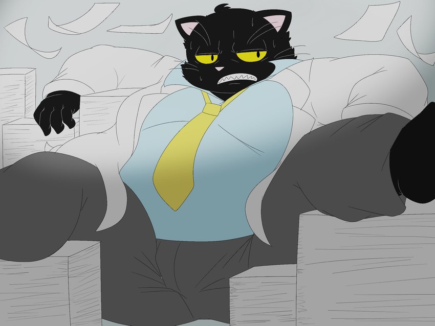 angry anthro belly black_body black_fur embarrassed fur male necktie office office_clothing overweight sharp_teeth solo teeth yellow_eyes kemoduelist domestic_cat felid feline felis mammal 4:3 hi_res