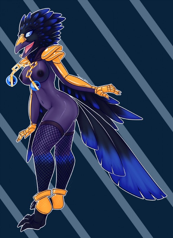 anthro beak blue_eyes breasts feathers female looking_at_viewer nipples non-mammal_breasts nude solo inkkey-studios blizzard_entertainment warcraft anzu_the_raven_god avian bird 2016 hi_res