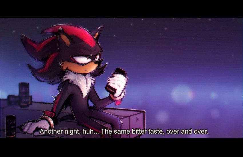 anthro beverage beverage_can black_bars black_body black_fur black_nose can city city_light clothing coffee container fake_screenshot featureless_crotch fur gloves handwear holding_can holding_container holding_object night screencap sitting text tired white_clothing white_gloves white_handwear lonerdemiurge sega sonic_the_hedgehog_(series) shadow_the_hedgehog eulipotyphlan hedgehog mammal absurd_res chromatic_aberration english_text film_grain hi_res letterbox