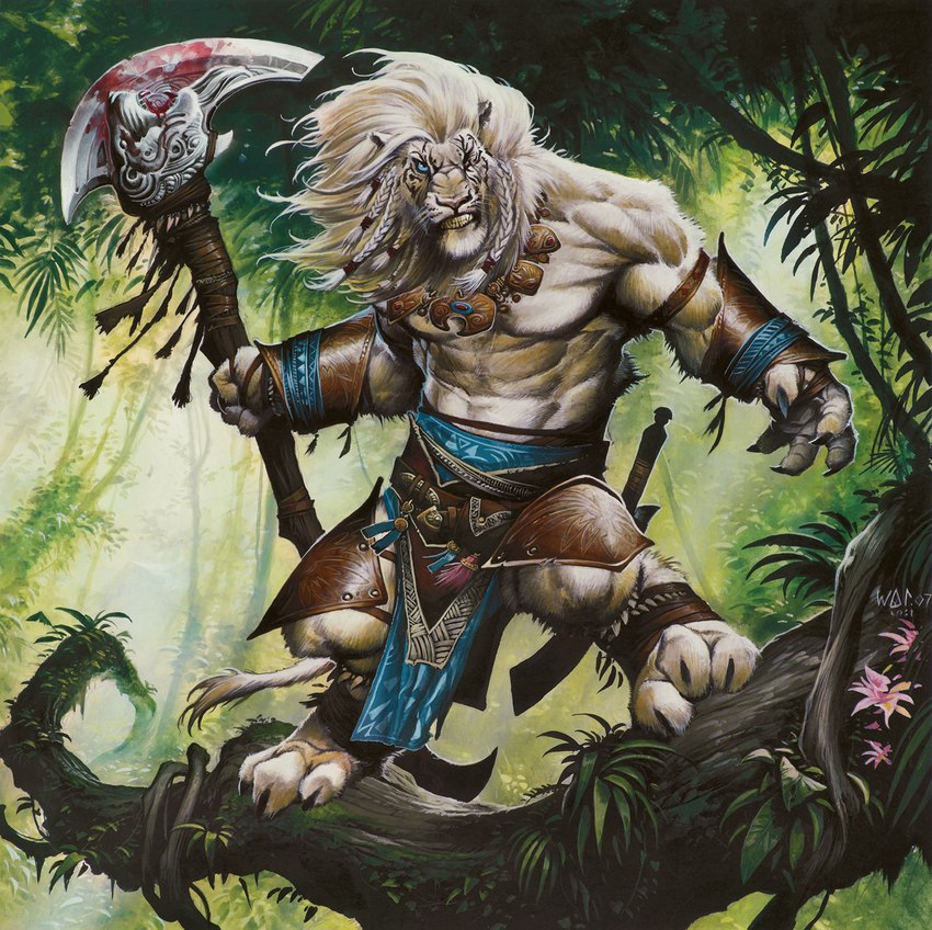 1_eye 5_fingers abs accessory anthro armband armor axe blood blood_on_weapon blue_eyes bodily_fluids bottomwear braided_hair claws clothed clothing collar day detailed_background feet fingers foot_wraps forest front_view hair hair_accessory hair_tie holding_object holding_weapon jewelry jungle loincloth looking_at_viewer male melee_weapon muscular muscular_male nature necklace outside pelvic_curtain plant plate_armor scar solo tail tattoo topless tree tribal vambrace weapon white_hair wood wraps wayne_reynolds hasbro magic:_the_gathering wizards_of_the_coast ajani_goldmane planeswalker catfolk felid leonin mammal pantherine official_art
