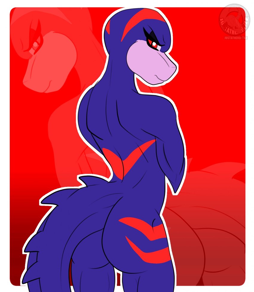 ambiguous_gender anthro athletic athletic_ambiguous athletic_anthro blowup_background butt countershade_face countershading crossed_arms frown gradient_background looking_at_viewer markings nude nude_ambiguous nude_anthro pose pupils purple_body purple_scales purple_skin rear_view red_background red_eyes red_markings scales scowl simple_background slit_pupils solo spines tail justathereptile veara_(justathereptile) lizard monitor_lizard reptile scalie 2017 digital_media_(artwork) hi_res watermark female_(lore)