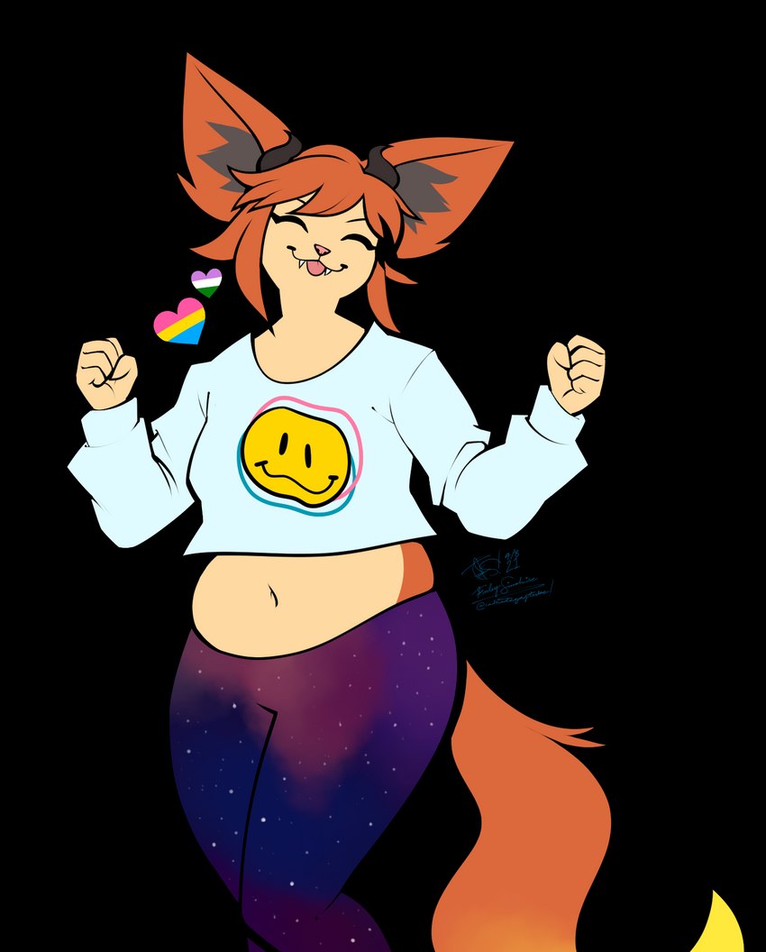 ambiguous_gender anthro belly blep bottomwear clothing cosmic_bottomwear cosmic_clothing cosmic_legwear cosmic_pants crop_top dipstick_tail eyes_closed fur genderqueer_pride_colors heart_symbol horn legwear lgbt_pride long_sleeves markings midriff multicolored_body multicolored_bottomwear multicolored_clothing multicolored_tail navel pansexual_pride_colors pride_colors red_body red_fur shirt simple_background slightly_chubby solo tail tail_markings tan_body tan_fur tights tongue tongue_out topwear transparent_background yellow_body yellow_fur magnetiorchid asian_mythology east_asian_mythology japanese_mythology mythology solana_(nonbearnary) felid foo_dog komainu mammal yokai 2021 alpha_channel clip_studio_paint_(artwork) digital_media_(artwork) hi_res portrait signature three-quarter_portrait nonbinary_(lore)