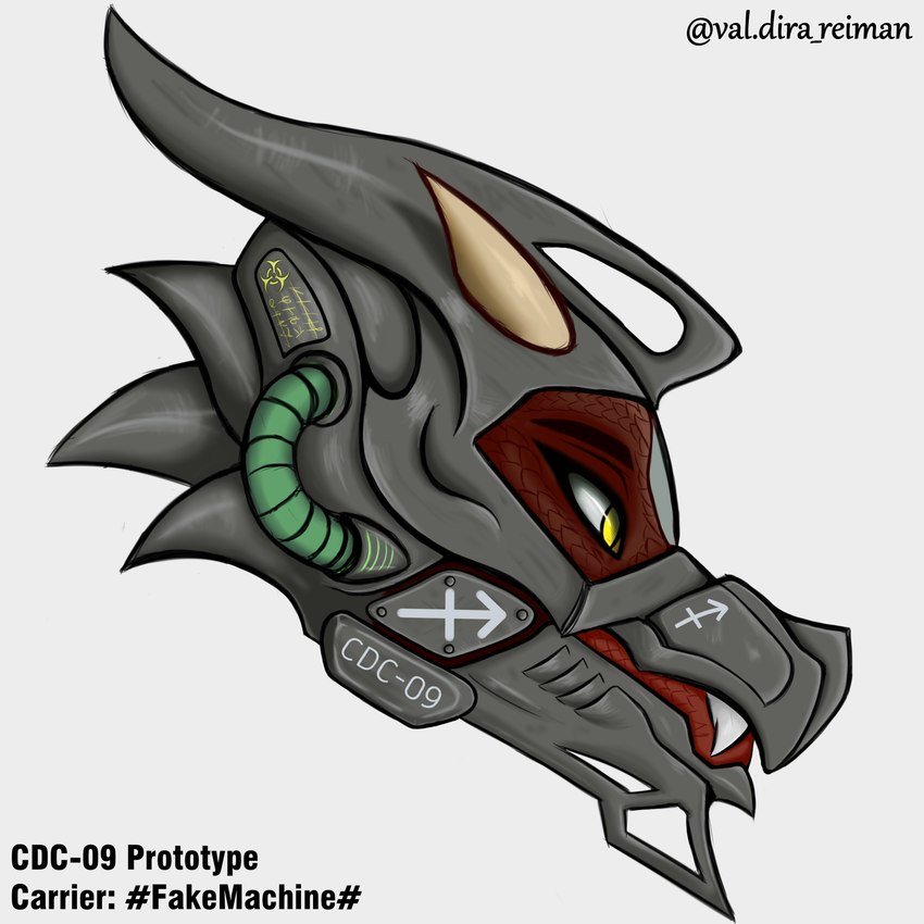 anthro armor cybernetics fangs headgear helmet horn machine male markings red_body red_scales scales solo teeth yellow_eyes val'dira european_mythology mythology dragon mythological_creature mythological_scalie scalie western_dragon 1:1 absurd_res hi_res