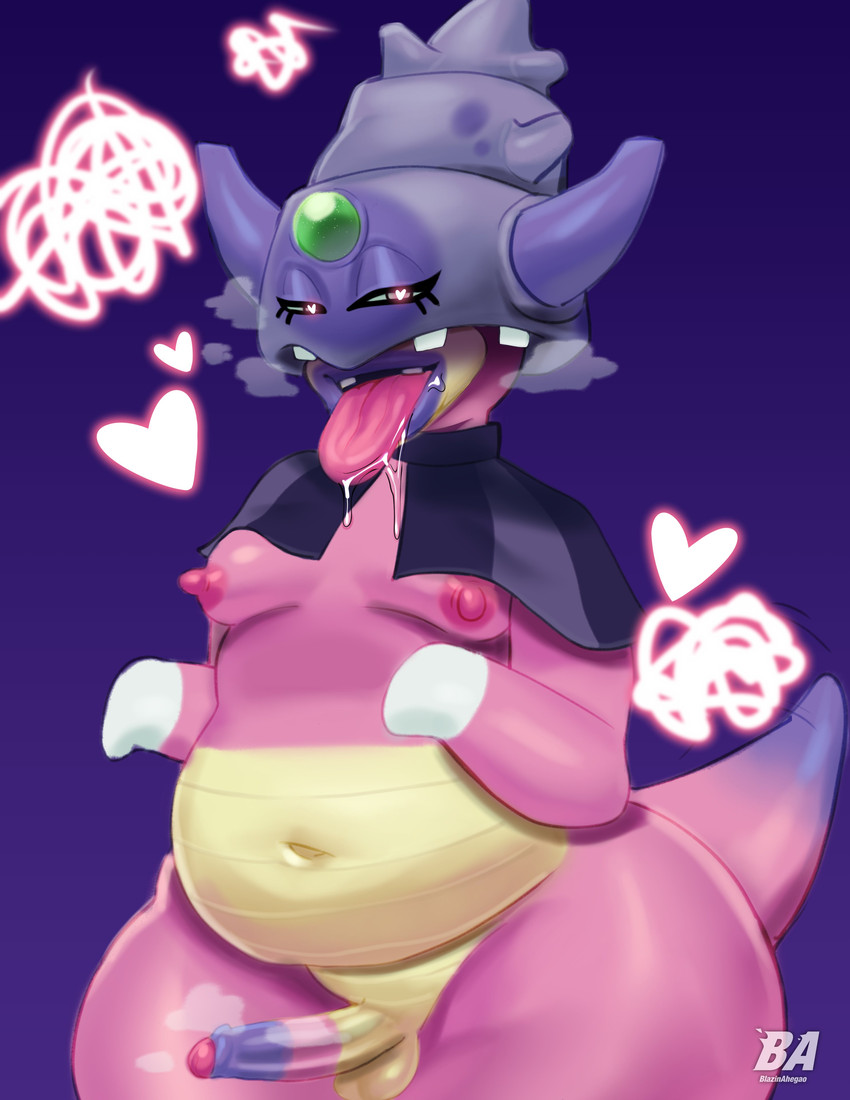 anthro genitals heart_eyes heart_symbol male moobs nipples overweight overweight_anthro overweight_male penis pink_body pink_skin purple_background simple_background solo tongue tongue_out wide_hips blazinahegao nintendo pokemon galarian_form galarian_slowking generation_8_pokemon pokemon_(species) regional_form_(pokemon) absurd_res hi_res