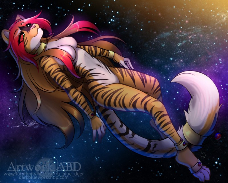 4_toes anthro barefoot biped breasts cosmic_background eyelashes feet female fur green_eyes hair red_hair smile solo space striped_body striped_fur stripes toes abluedeer tamara felid mammal pantherine tiger 2018 5:4 digital_media_(artwork)