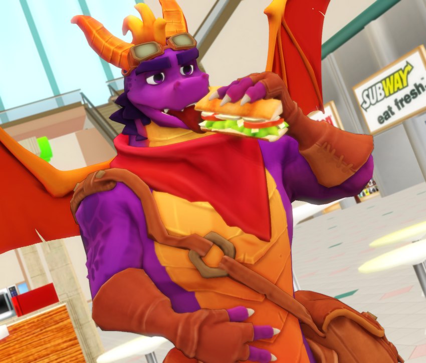 aged_up anthro anthrofied eating food horn male purple_body sandwich_(food) smile solo wings malicekira activision european_mythology mythology spyro_the_dragon subway_(restaurant) balloonist_spyro spyro dragon mythological_creature mythological_scalie scalie western_dragon 3d_(artwork) digital_media_(artwork) hi_res meme mikumikudance_(artwork)