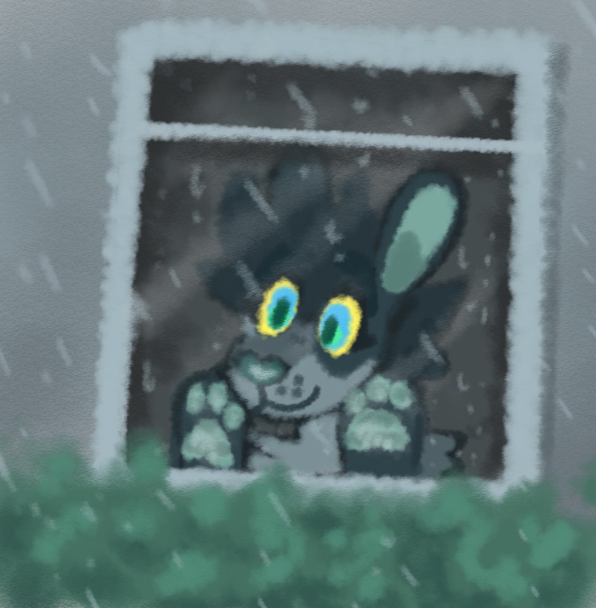 ambiguous_gender anthro blue_eyes detailed_background fur green_eyes green_inner_ear green_nose green_pawpads grey_body grey_fur grey_hair hair handpaw looking_through looking_through_window multicolored_eyes outside pawpads paws plant raining shrub smile snout solo two_tone_eyes whisker_spots window yellow_sclera jaspering jasper_(jaspering) alligator alligatorid american_alligator canid canine canis crocodilian domestic_dog hybrid mammal reptile scalie 2019 digital_media_(artwork) digital_painting_(artwork) nonbinary_(lore) trans_(lore) trans_man_(lore)