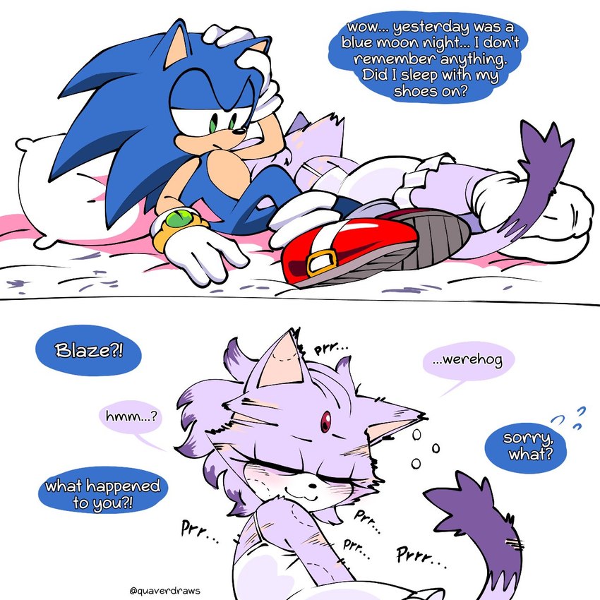 anthro bite_mark bite_marks_all_over blue_body blue_fur claw_marks clothing dialogue duo eyes_closed female footwear forehead_gem fur gem happy male nightgown pillow purple_body purple_fur purring scratches socks text waking_up quavernsfw sega sonic_the_hedgehog_(series) blaze_the_cat sonic_the_hedgehog domestic_cat eulipotyphlan felid feline felis hedgehog mammal 1:1 2025 english_text hi_res