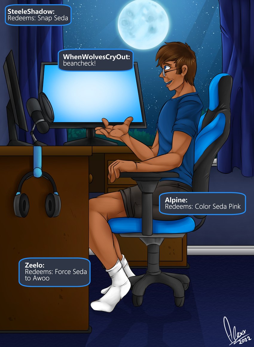 5_fingers anthro athletic athletic_human athletic_male blue_eyes bottomwear brown_hair chair chat_bubble clothing computer_monitor curtains desk dialogue electronics eyewear fingers footwear full_moon furniture gaming_chair glasses hair headphones imminent_transformation inside light male microphone moon moonlight night office_chair open_curtains open_mouth plantigrade shirt shorts sitting sky smile socks solo speech_bubble star t-shirt table teeth text topwear spirit_dancer seda human mammal 2022 absurd_res english_text hi_res shaded signature smaller_version_at_source soft_shading