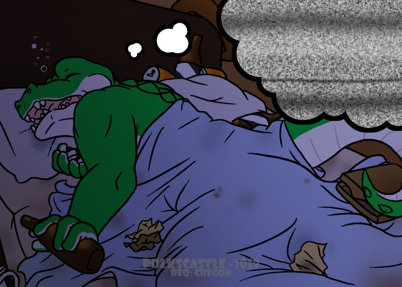 anthro bed bodily_fluids bottle box container drooling furniture male open_mouth pillow saliva sleeping solo trash polkscastle cregon alligator alligatorid crocodile crocodilian reptile scalie hi_res