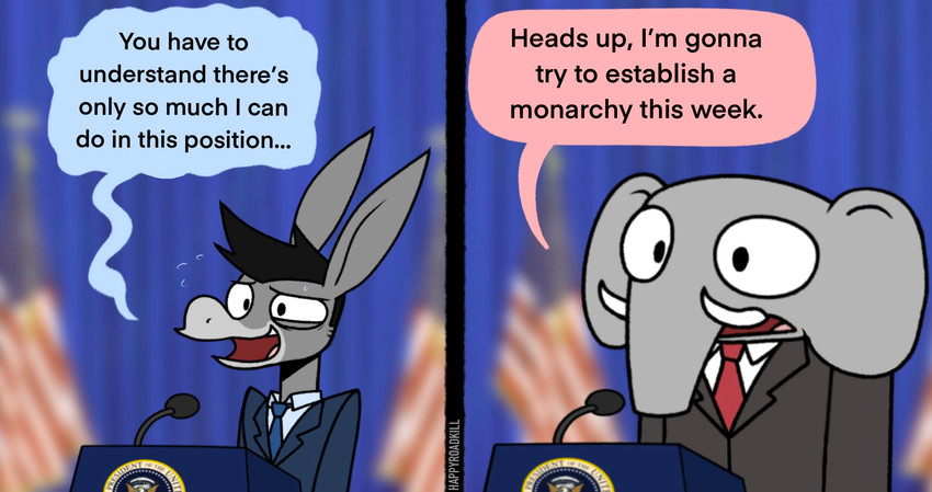 anthro clothed clothing comparing dialogue duo electronics hair humor male microphone political_cartoon politics standing suit text tusks united_states_of_america happyroadkill democrat republican democrat_donkey don_kennedy george_o._pillsburry republican_elephant asinus donkey elephant elephantid equid equine mammal proboscidean 2021 comic digital_drawing_(artwork) digital_media_(artwork) english_text flat_colors hi_res