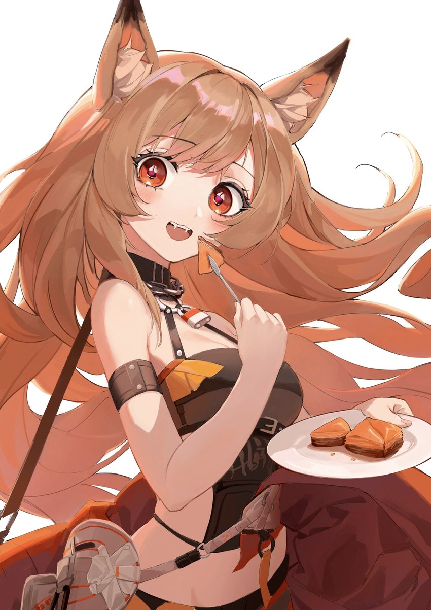 biscuit_(food) blonde_hair bread breasts clothing female food hair happy holding_object inner_ear_fluff open_mouth red_eyes simple_background smile solo tuft ruiler arknights hypergryph studio_montagne ceobe_(arknights) animal_humanoid canid canid_humanoid humanoid mammal mammal_humanoid 2020 absurd_res hi_res