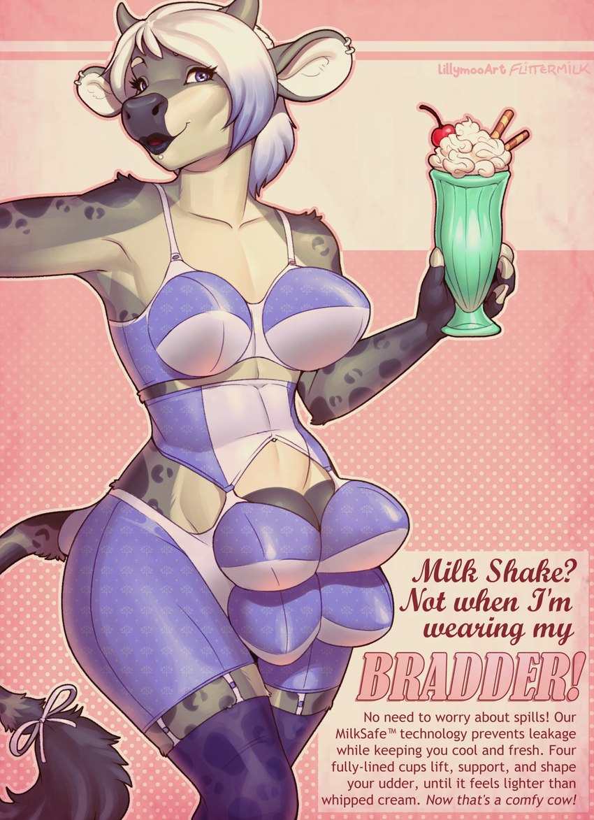 accessory anthro beverage biped black_lips blue_eyes bra breasts breasts_and_teats clothing ear_piercing ear_ring facial_piercing female furgonomics grey_horn hair holding_milkshake holding_object horn labret_piercing lip_piercing lips milkshake piercing ribbons ring_piercing solo tail tail_accessory tail_ribbon tail_tuft teat_bra teats text tuft udder_bra udders underwear vintage white_hair flittermilk lillymoo bovid bovine cattle mammal 2023 artist_collaboration english_text hi_res