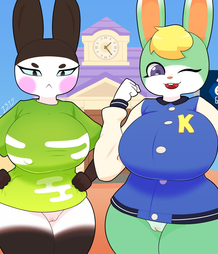 4_fingers anthro big_breasts blush breasts brown_body clothed clothing crossgender duo female fingers fur genitals green_body hair huge_breasts multicolored_body open_mouth pussy smile thick_thighs white_body i3i2455_ivi394 animal_crossing e621 nintendo genji_(animal_crossing) sasha_(animal_crossing) lagomorph leporid mammal rabbit 2022 absurd_res hi_res