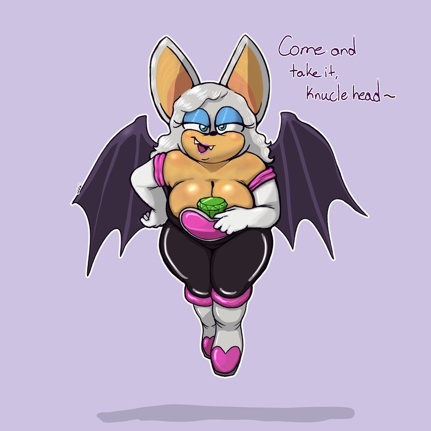 anthro bat_wings between_breasts breasts chaos_emerald clothing clothing_pull female flying gem membrane_(anatomy) membranous_wings presenting presenting_breasts slightly_chubby solo suggestive taunting text wings bajaboobey sega sonic_the_hedgehog_(series) rouge_the_bat bat mammal 1:1 english_text hi_res