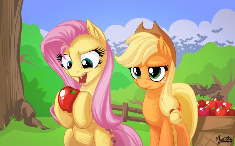 applejack, flutterbat, and fluttershy (friendship is magic and etc) created by mysticalpha