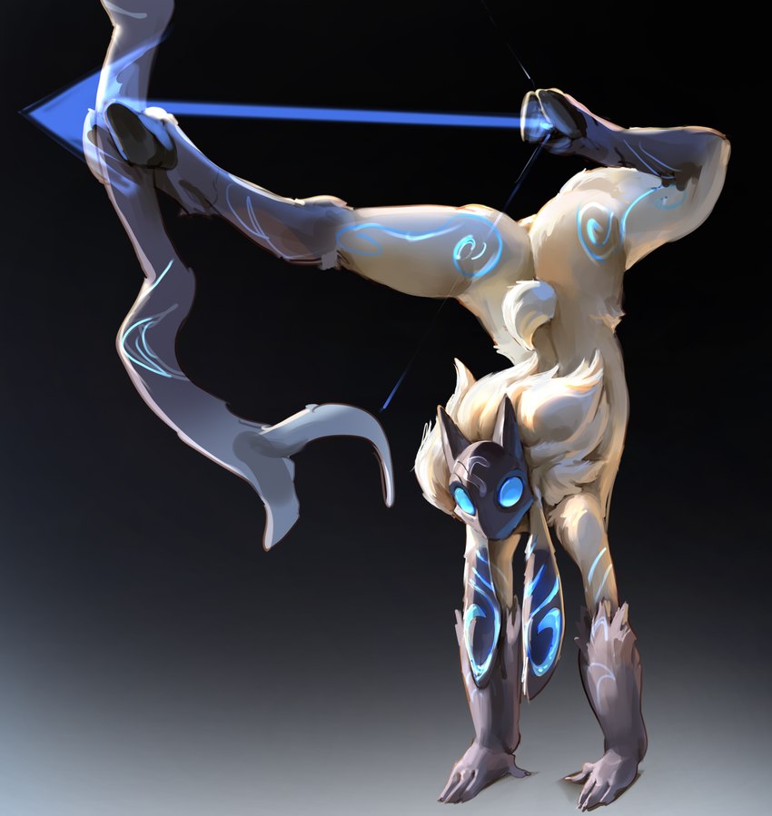 anthro bow_(weapon) butt cloven_hooves female fur hoof_focus hooves markings mask nude ranged_weapon simple_background solo underhoof weapon white_body white_fur austinarts4 league_of_legends riot_games tencent kindred_(lol) lamb_(lol) bovid caprine mammal sheep hi_res