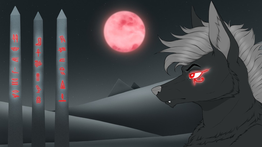 anthro egyptian eye_of_ra glowing glowing_eyes hieroglyphics male moon night pyramid red_eyes solo dunnowhattowrite setekh setekh_lowell anubian_jackal canid canine canis jackal mammal 16:9 widescreen