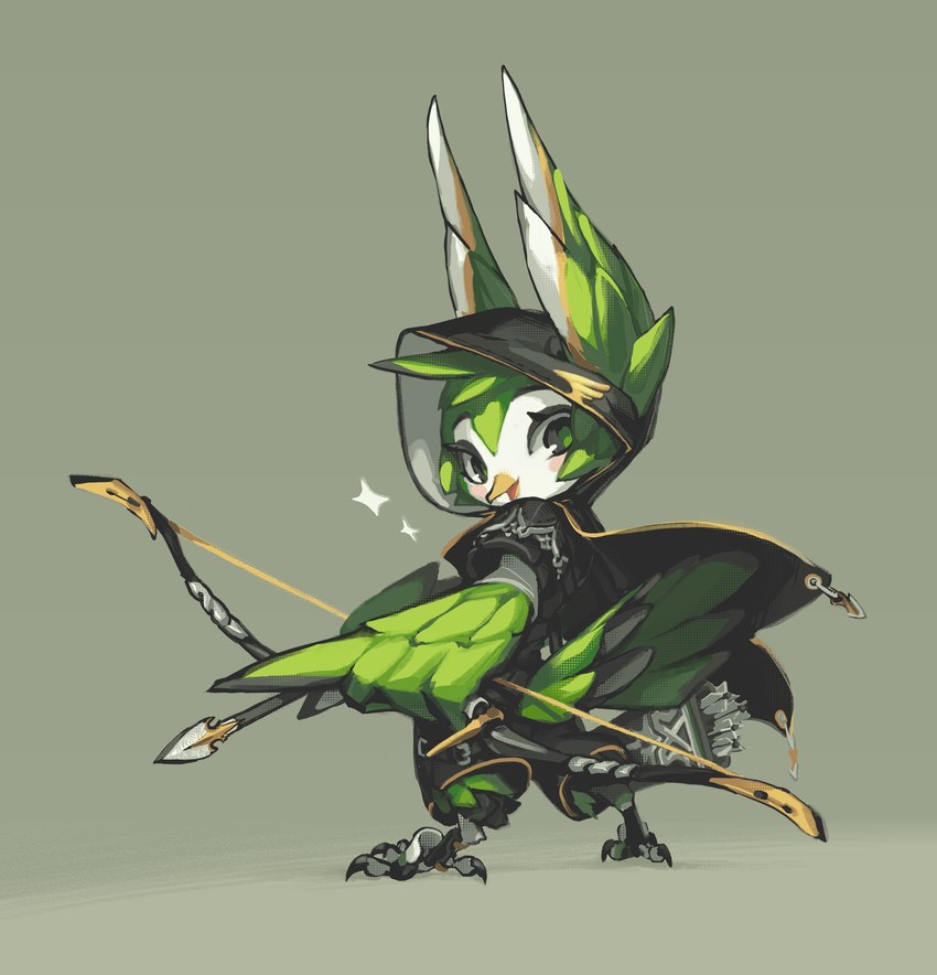 anthro archery armor arrow_(weapon) black_cloak black_clothing bottomwear bow_(weapon) chainmail chinese_commentary cloak clothing commentary downturned_eyes english_commentary fantasy feather_hair feathered_wings feathers female fur green_body green_fur hood hooded_cloak looking_at_viewer looking_back pants pseudo_hair ranged_weapon rear_view simple_background solo standing tabletop_rpg tail tail_feathers three-quarter_view tsurime weapon wings tyson_tan spirit_animals_in_disguise molly_the_siren avian bird siren 2020 absurd_res digital_media_(artwork) hi_res krita_(artwork) signature