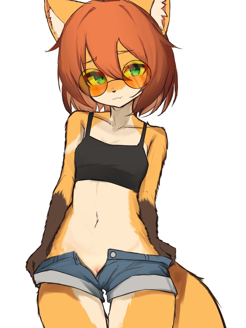 anthro black_clothing blue_eyes bottomwear breasts brown_hands clothed clothing clothing_aside countershade_face countershade_torso countershading eyebrows eyelashes eyewear female fluffy fluffy_tail front_view fur hair kemono looking_at_viewer markings no_underwear orange_body orange_fur orange_hair orange_tail pussy_peek short_hair shorts slim small_breasts solo standing tail thigh_gap undressing unzipped white_body white_fur zipper lilkon yumi_(lilkon) canid canine fox mammal hi_res