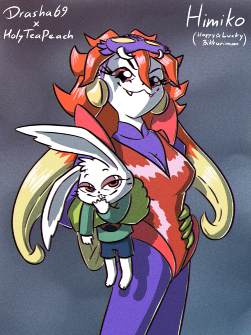 ambiguous_gender anime_style anthro clothed clothing duo ear_piercing ear_ring eyelashes fangs female fur hair looking_at_viewer piercing ring_piercing simple_background smile smug smug_face teeth white_body drasha69 himiko humanoid lagomorph leporid mammal rabbit 3:4 absurd_res hi_res