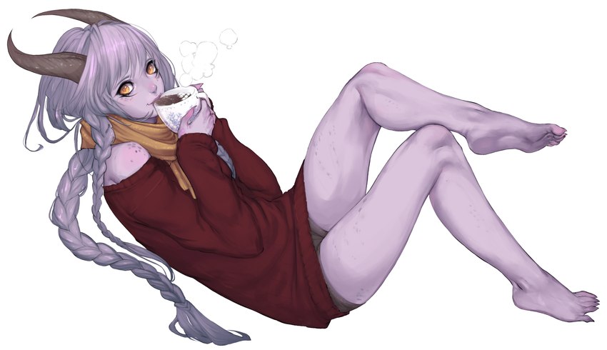 barefoot braided_hair clothing container cup drinking feet female grey_hair hair horn long_hair not_furry simple_background sitting smile solo sweater topwear white_background yellow_eyes feversea league_of_legends riot_games tencent shyvana demon demon_humanoid horned_humanoid humanoid absurd_res hi_res