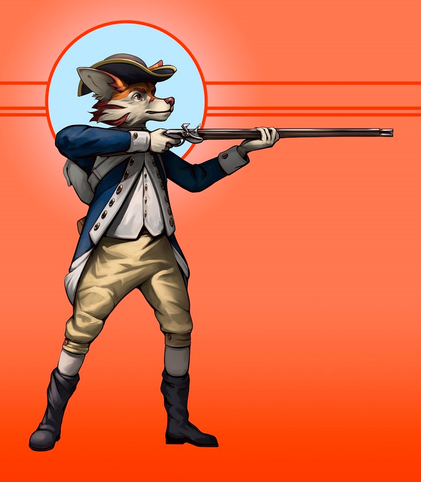 anthro clothing flintlock flintlock_rifle gun historical history male military military_uniform minuteman musket ranged_weapon revolution revolutionary_war rococo_clothing tricorn_hat uniform united_states_of_america weapon thepimpartist felid humanoid mammal pantherine tiger digital_media_(artwork) digital_painting_(artwork) hi_res