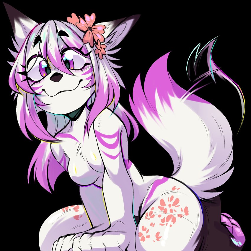 accessory anthro breasts female flower flower_in_hair fluffy fluffy_tail fur hair hair_accessory happy kneeling long_hair looking_at_viewer magenta_hair medium_breasts multicolored_body plant purple_eyes smile solo tail tail_motion tailwag white_body white_fur nervouscherry vulpy_vulpine canid canine fox mammal 1:1 hi_res