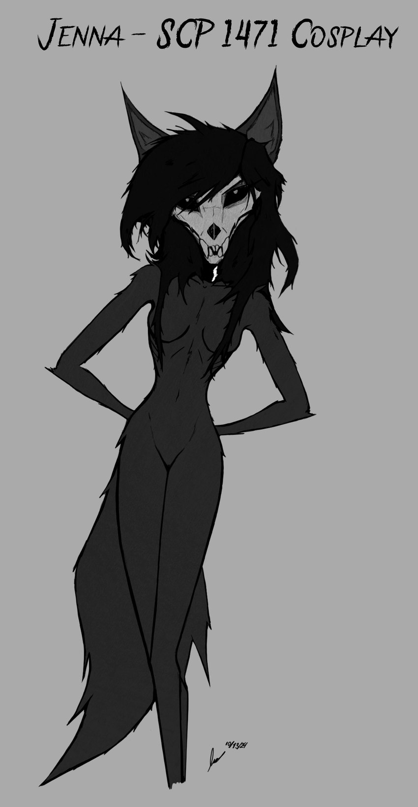 anthro black_body bone breasts collar eyeless fangs female fluffy fluffy_tail hair hair_over_eyes mask messy_hair nude nude_anthro nude_female skull skull_head skull_mask slim solo standing tail teeth darkryn_(artist) scp_foundation jenna_(ryn) scp-1471 scp-1471-a canid canine canis mammal wolf hi_res