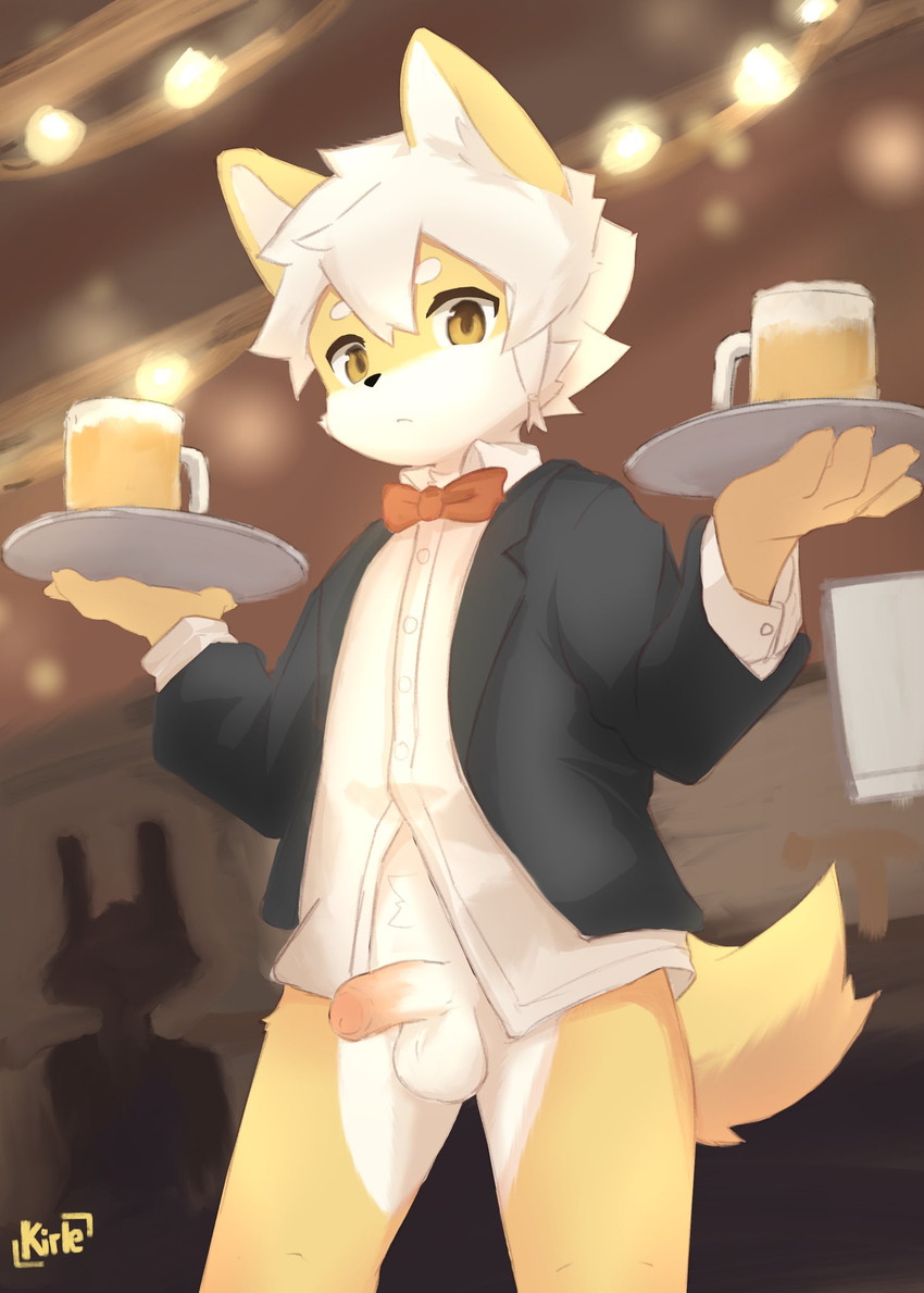 adolescent alcohol anthro balls bar beer beer_mug beverage biped black_nose black_tie_(suit) bottomless bottomless_anthro bottomless_male bow_tie cheek_tuft circle_eyebrows clothed clothing collared_shirt countershade_balls countershade_face countershade_genitalia countershade_penis countershade_torso countershading detailed_background dress_shirt erection eyebrows facial_tuft foreskin front_view fur genitals glans hair hair_between_eyes holding_tray humanoid_genitalia humanoid_penis inner_ear_fluff inside lights looking_at_viewer low-angle_view male male_anthro partially_retracted_foreskin penis public public_exposure red_bow_tie shirt solo standing suit tail text topwear tuft waiter waiter_tray white_hair white_inner_ear white_inner_ear_fluff yellow_body yellow_eyes yellow_fur young young_anthro young_male kirlecore canid canine mammal 2025 artist_name digital_drawing_(artwork) digital_media_(artwork) hi_res portrait shaded three-quarter_portrait