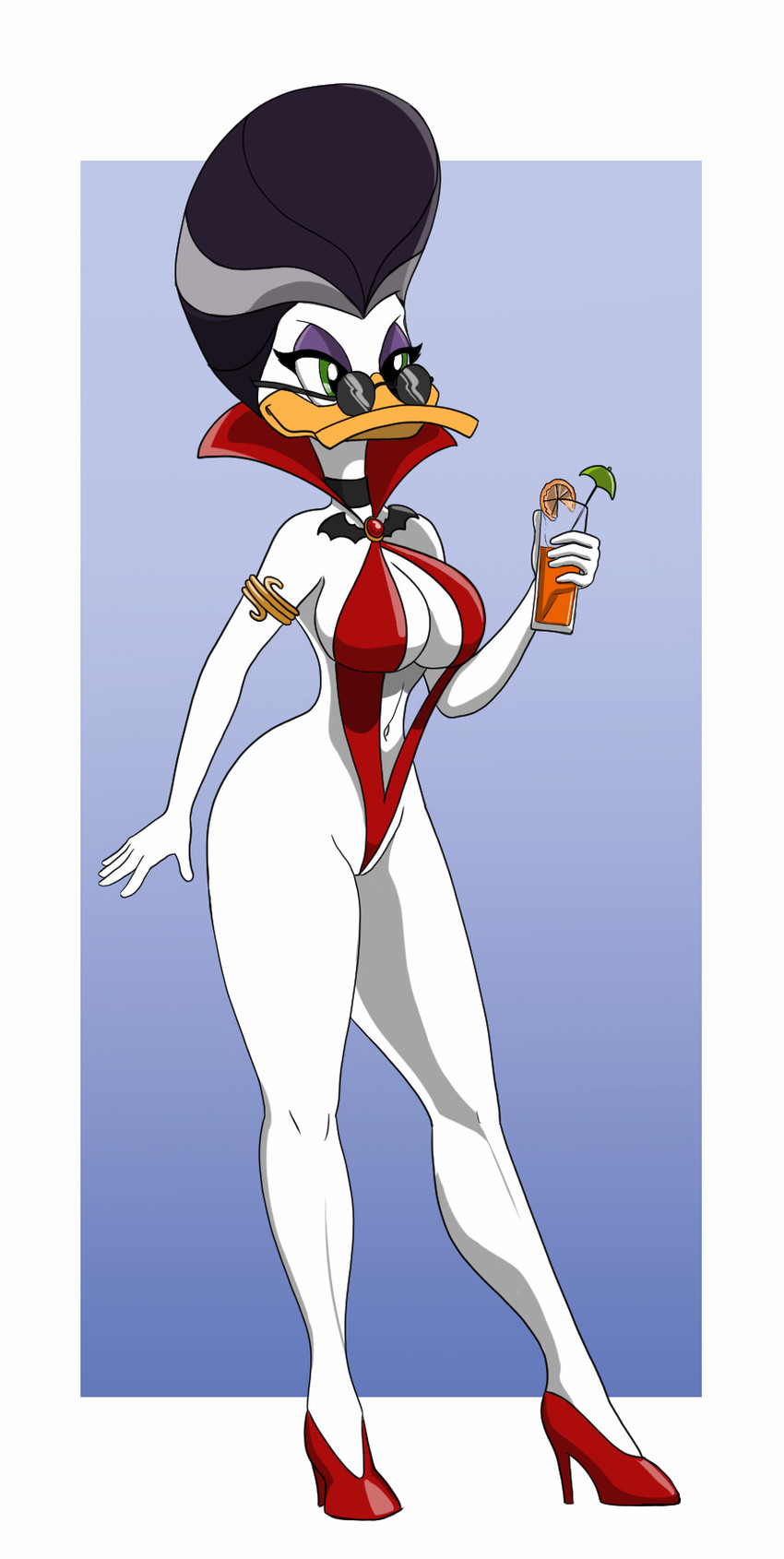 anthro armlet beak beverage breasts choker cleavage clothed clothing collar eyewear female footwear hair jewelry necklace non-mammal_breasts shoes solo sunglasses swimwear white_body astraldog darkwing_duck disney ducktales morgana_macawber anatid anseriform avian bird duck hi_res