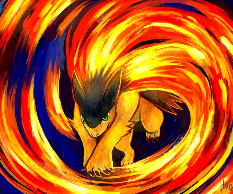 ambiguous_gender feral fire green_eyes quadruped solo haychel nintendo pokemon generation_2_pokemon pokemon_(species) typhlosion 2012 digital_media_(artwork) hi_res orange_theme