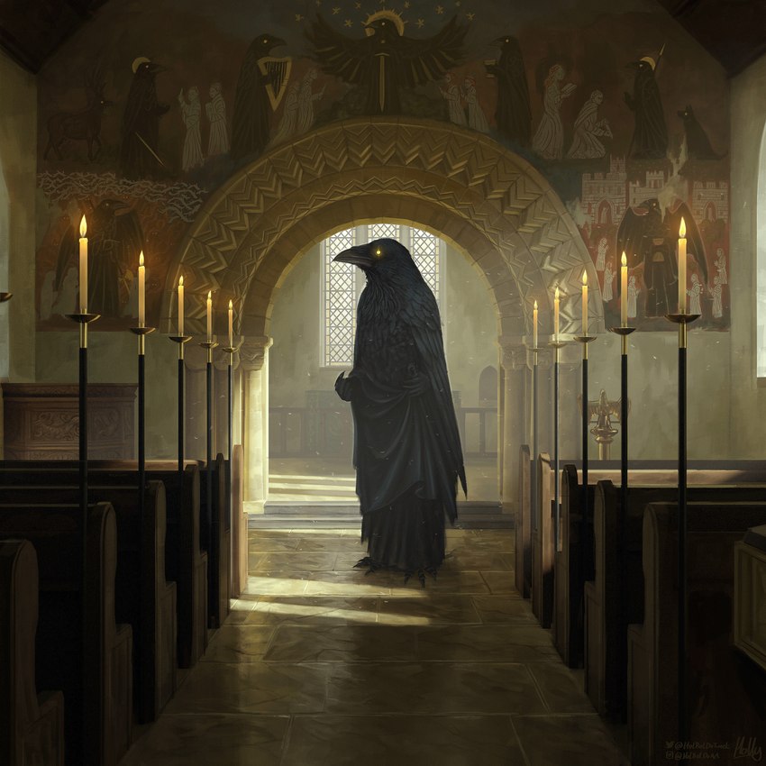 anthro barefoot beak biped black_body black_feathers candle church church_pew claws cloak clothed clothing feathered_wings feathers feet glowing glowing_eyes inside mural pews solo standing talons toes wings holboldoart avian bird corvid corvus_(genus) crow oscine passerine 1:1 absurd_res hi_res