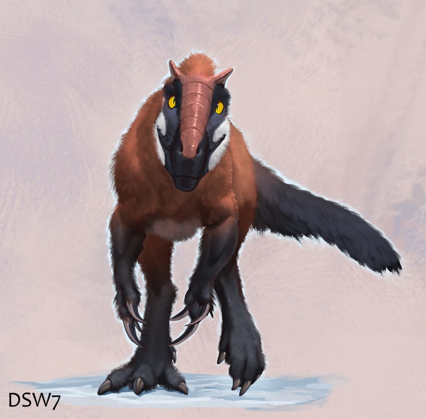 ambiguous_gender black_body black_claws black_fur brown_body brown_fur claws feathers feral fur looking_at_viewer no_sclera pawpads solo white_body white_fur yellow_eyes dsw7 dinosaur feathered_dinosaur feathered_scalie prehistoric_species reptile scalie theropod tyrannosauroid yutyrannus hi_res