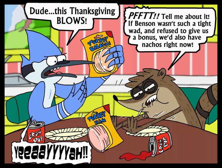 anthro beak beverage beverage_can bologna brown_body brown_fur chair complaining dialogue duo fur furniture holidays male open_mouth paper_plate plate soda speech_bubble table text window mightyfilm cartoon_network regular_show thanksgiving mordecai_(regular_show) rigby_(regular_show) avian bird blue_jay corvid jay_(bird) mammal new_world_jay oscine passerine procyonid raccoon 2011 digital_drawing_(artwork) digital_media_(artwork) english_description english_text hi_res story story_in_description