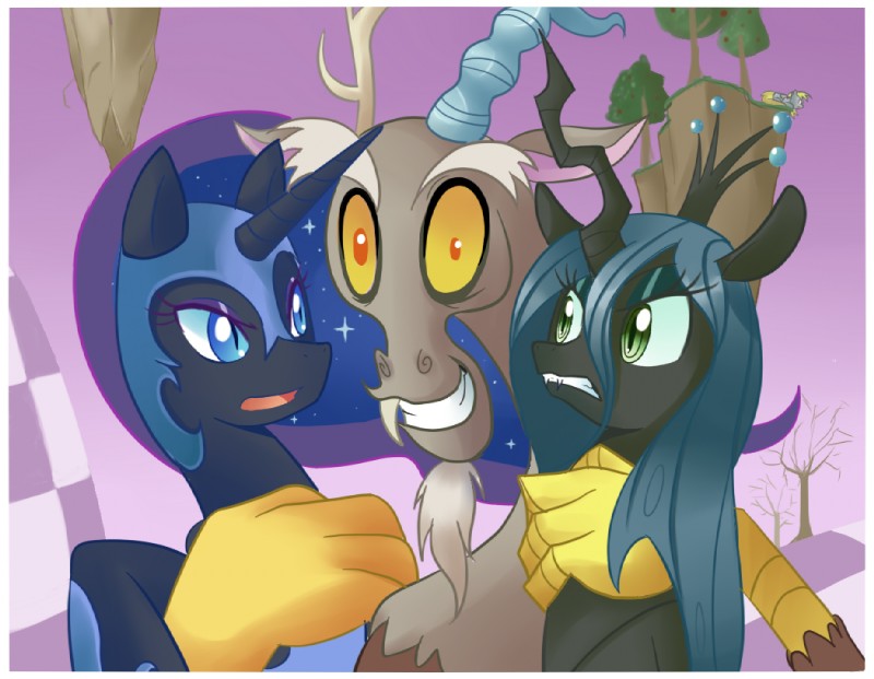 angry blue_hair border brown_body brown_fur fangs female feral fur group hair horn male plant smile teeth tree white_border enecoo friendship_is_magic hasbro my_little_pony mythology derpy_hooves_(mlp) discord_(mlp) nightmare_moon_(mlp) queen_chrysalis_(mlp) arthropod changeling chimera draconequus equid equine mammal mythological_creature mythological_equine unicorn