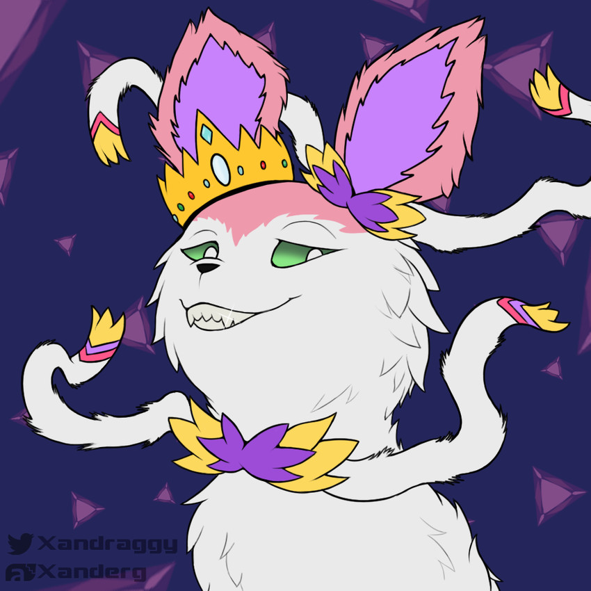 crown feral fur gem green_eyes headgear male multicolored_body pink_ears pupils ribbons simple_background smile solo teeth two_tone_body white_body white_fur white_pupils xanderg_(artist) nintendo pokemon eeveelution generation_1_pokemon generation_6_pokemon hybrid jolteon pokemon_(species) sylveon 1:1