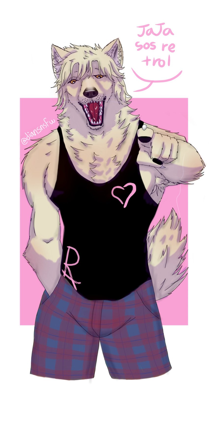 anthro clothed clothing dialogue fur gesture hand_gesture heart_clothing heart_print heart_shirt heart_symbol heart_tank_top heart_topwear looking_at_viewer male muscular muscular_anthro muscular_male open_mouth pointing pointing_at_viewer print_clothing print_shirt print_tank_top print_topwear shirt simple_background solo talking_to_viewer tank_top text text_on_clothing text_on_shirt text_on_tank_top text_on_topwear text_print topwear white_body white_fur wolf_tail dian divus_d'allard canid canine canis mammal wolf 2021 digital_drawing_(artwork) digital_media_(artwork) hi_res shaded signature spanish_text translated