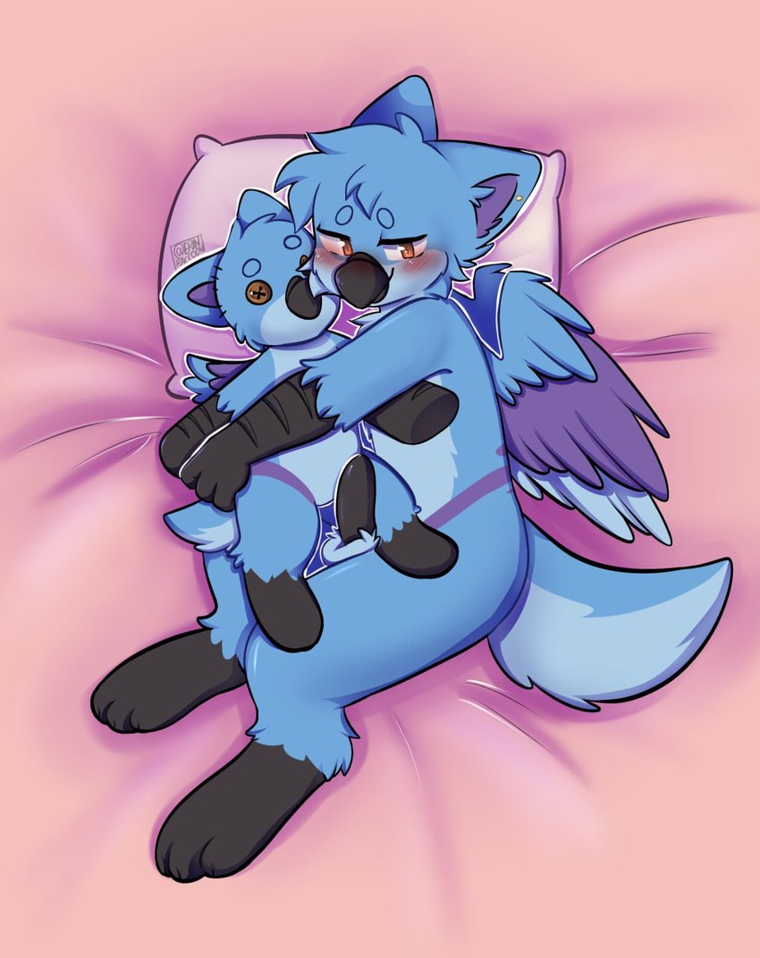 anthro bed blush erection furniture hug hugging_object hugging_plushie lying lying_on_bed male on_bed pillow plushie solo erinraccoon mythology kath_(kathgryph) avian gryphon mythological_avian mythological_creature hi_res