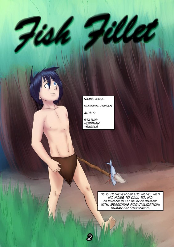 5_fingers 5_toes barefoot blue_eyes blue_hair bottomwear brown_bottomwear brown_clothing brown_loincloth clothed clothing collarbone duo feet fingers hair holding_object holding_weapon human_only impalement loincloth male melee_weapon navel not_furry outside polearm skimpy smile solo spear tan_body tan_skin text text_box toes topless tribal ventral_groove walking weapon young pj1191 kalil fish human mammal marine comic english_text hi_res