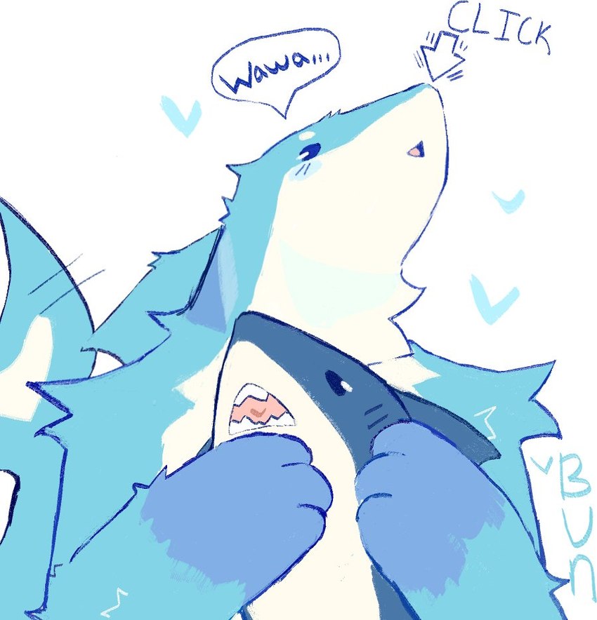 anthro athletic athletic_anthro athletic_male black_sclera blue_body blue_fur cursor fur heart_symbol hug hugging_object hugging_plushie male plushie solo speech_bubble text white_body white_eyes white_fur bunonthemoon ikea blahaj fish furred_shark marine shark 2023 english_text