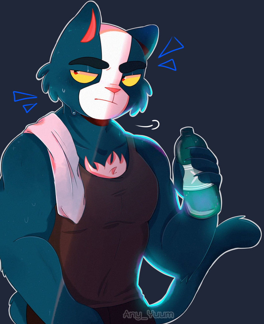 anthro bodily_fluids body_hair bottle chest_hair container male muscular muscular_male solo sweat towel water_bottle anyyuum final_space avocato domestic_cat felid feline felis mammal ventrexian hi_res