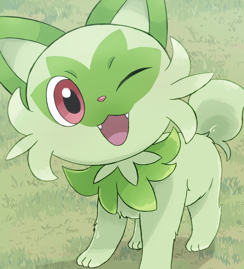 ambiguous_gender detailed_background fangs feral grass green_body looking_at_viewer one_eye_closed open_mouth plant quadruped red_eyes shadow solo teeth wink winking_at_viewer rumine nintendo pokemon generation_9_pokemon pokemon_(species) sprigatito 2023