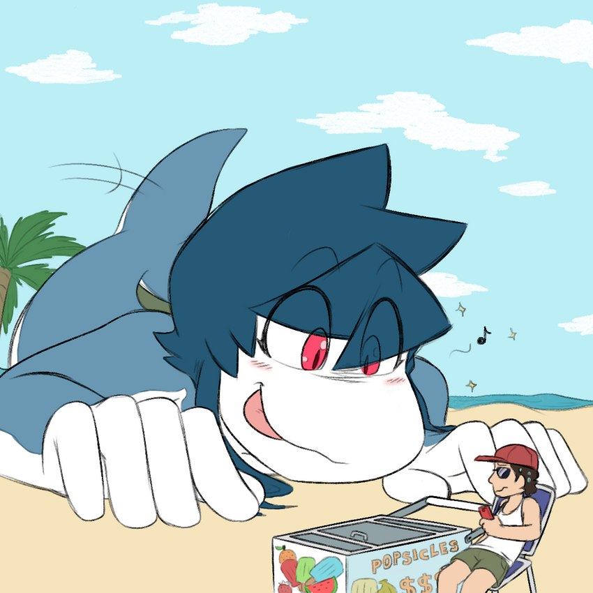 anthro beach blep blue_body blue_hair duo extreme_size_difference female food_stand hair hungry larger_anthro larger_female legless macro male palm_tree plant red_eyes seaside serpentine size_difference smaller_human smaller_male tongue tongue_out tree white_body gum-k gille_bernard fish human mammal marine shark 1:1 2022 hi_res