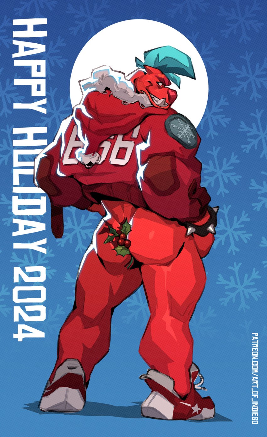 anthro blue_hair butt clothed clothing footwear grin hair holidays holly_(plant) jacket looking_back male muscular muscular_anthro muscular_male pantsless pattern_background plant red_body red_clothing red_jacket red_skin red_topwear shoes simple_background smile snowflake solo standing text topwear arts_of_indiego christmas taz_(arts_of_indiego) demon 2024 english_text hi_res