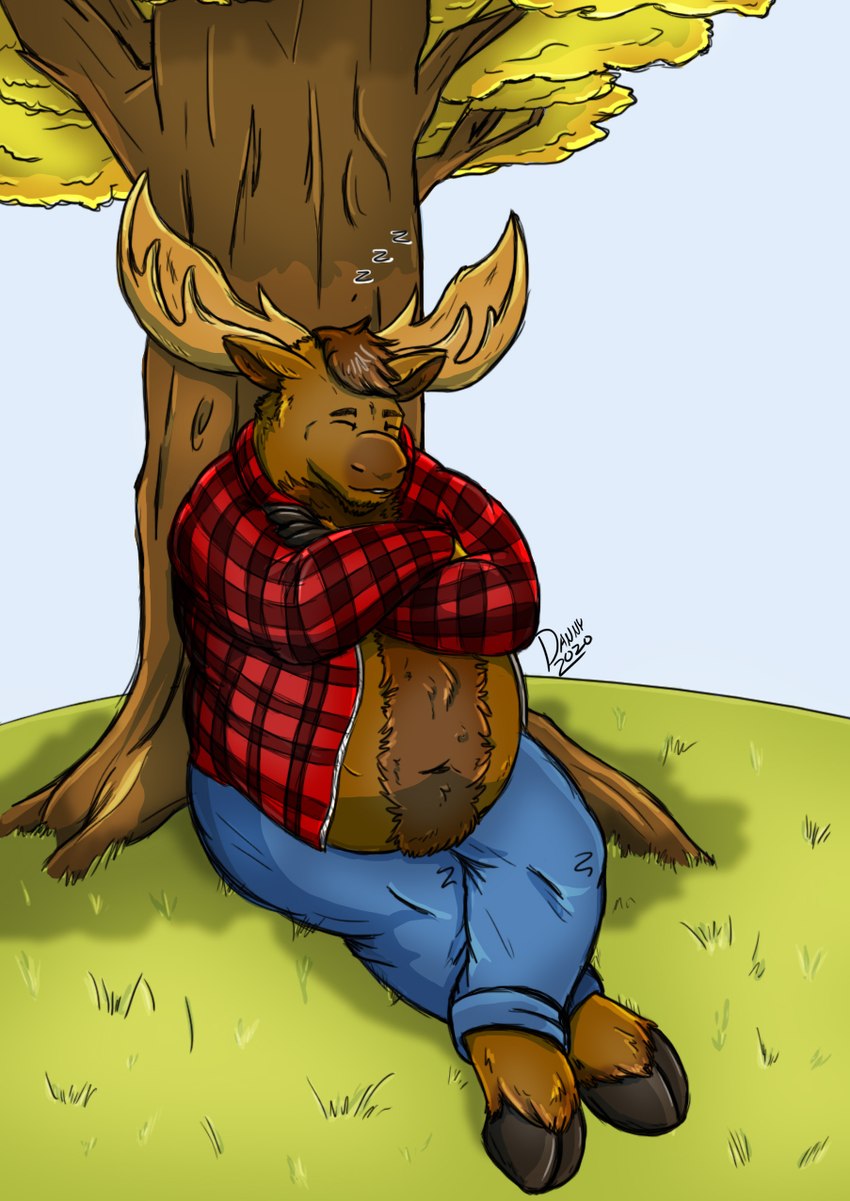 anthro antlers belly belly_fur big_belly body_hair bottomwear brown_body brown_fur chest_fur chest_tuft clothing denim denim_bottomwear denim_clothing fur grass happy_trail hooves horn jacket jeans male musclegut muscular nap navel pants park pattern_clothing plaid plaid_clothing plaid_jacket plant relaxing simple_background sleeping solo sound_effects topwear tree tuft vowelless vowelless_sound_effect zzz danneh_(artist) merrick_(denverthedragon) deer mammal moose new_world_deer hi_res