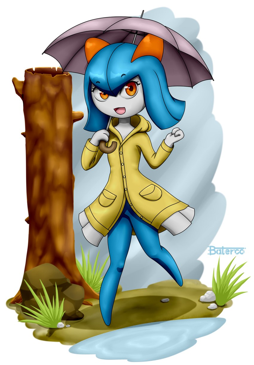 3_fingers blue_hair clothing coat detailed_background female fingers hair happy hollow_tree looking_at_viewer not_furry on_one_leg orange_eyes plant puddle raincoat short_hair simple_background solo standing topwear tree tree_trunk umbrella white_background baterco nintendo pokemon generation_3_pokemon humanoid kirlia pokemon_(species) shiny_pokemon 2021 hi_res signature