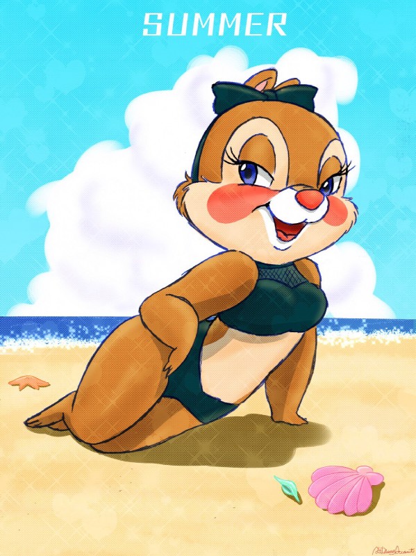 anthro beach bikini blue_eyes blush bow_(feature) cheek_tuft clothing cloud eyelashes facial_tuft feet female fur half-closed_eyes looking_at_viewer narrowed_eyes open_mouth open_smile reclining red_nose sand seaside sky smile swimwear tan_body tan_fur text tuft two-piece_swimsuit two_piece water chip_'n_dale disney clarice_(disney) asterozoan bivalve chipmunk clam echinoderm ground_squirrel mammal marine mollusk rodent sciurid starfish english_text hi_res