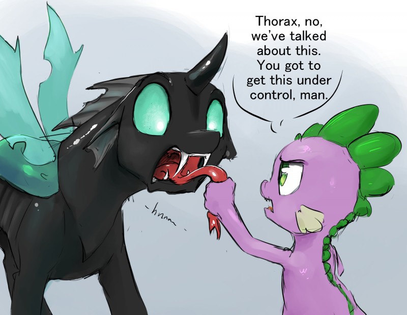 ambiguous_gender dialogue duo fangs feral forked_tongue green_eyes insect_wings male open_mouth teeth text tongue tongue_grab tongue_out wings silfoe friendship_is_magic hasbro my_little_pony mythology spike_(mlp) thorax_(mlp) arthropod changeling dragon mythological_creature mythological_scalie scalie 2016 absurd_res english_text hi_res